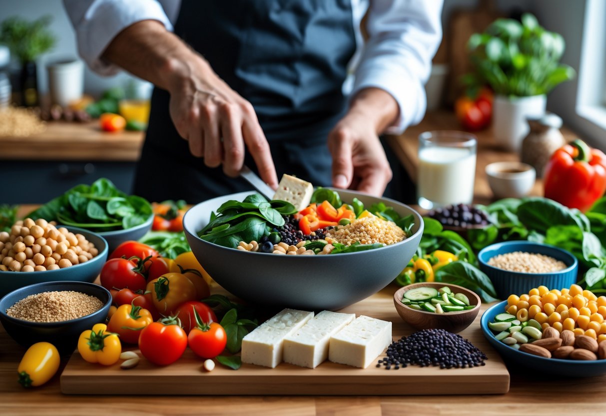 A kitchen countertop with fresh high-protein dairy-free ingredients and a person preparing a healthy meal.