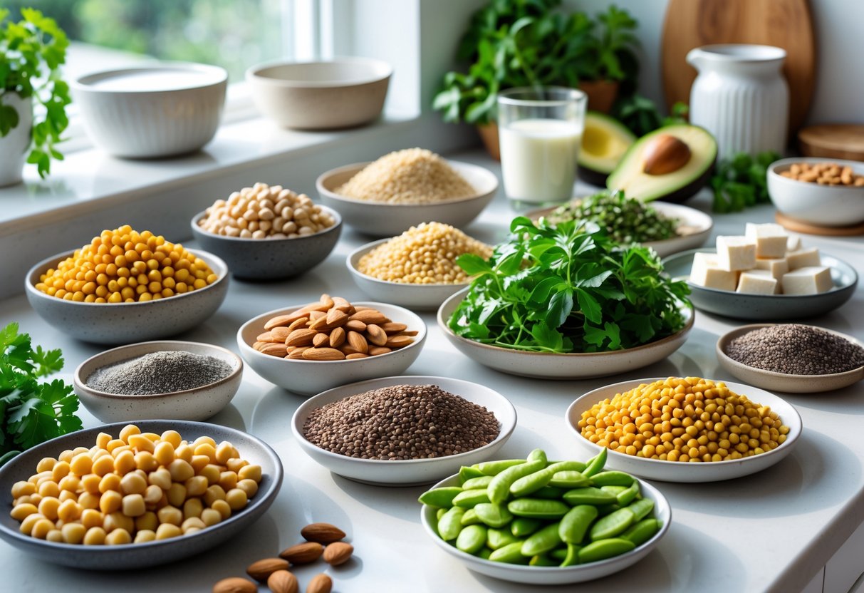 A kitchen countertop with bowls of chickpeas, lentils, quinoa, almonds, tofu, chia seeds, edamame, fresh herbs, sliced avocado, and a jar of almond milk.
