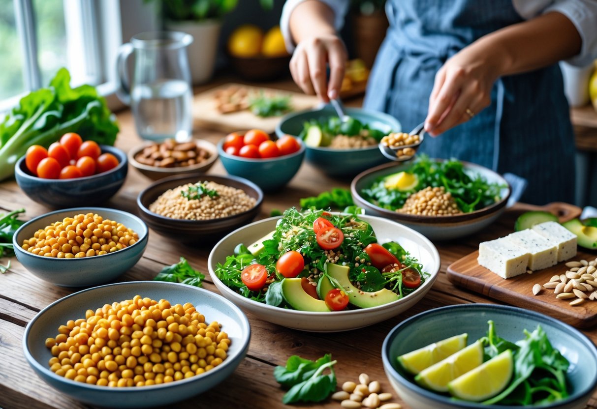 A kitchen table with bowls of plant-based protein foods and a person preparing a fresh salad with vegetables and seeds.