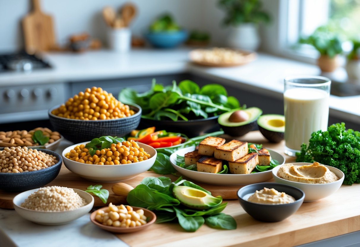 A kitchen countertop displaying various high-protein dairy-free foods including chickpeas, tofu, quinoa, nuts, fresh vegetables, and a bowl of salad with avocado and grilled tempeh.