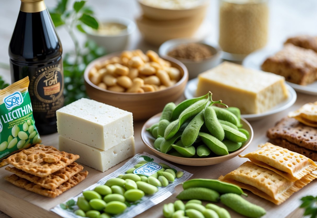 Close-up of various foods including tofu, soy sauce, edamame, snacks, and baked goods displayed on a wooden surface.