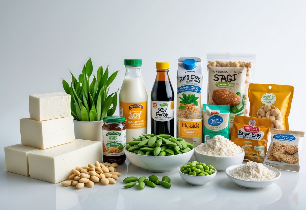 A selection of various soy-based foods and products displayed on a white surface, including tofu, soy milk, soy sauce, edamame, and soy-based meat substitutes.