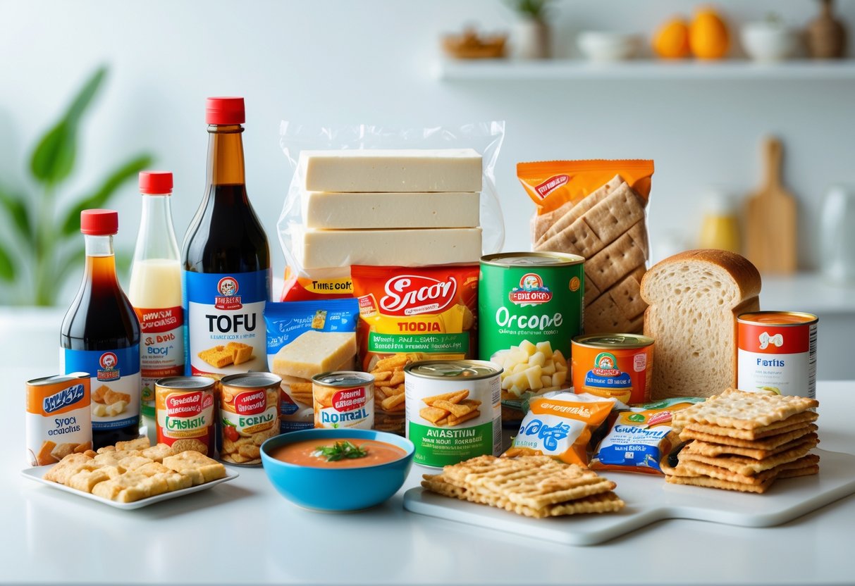 A selection of processed and packaged foods commonly containing soy arranged on a white surface.