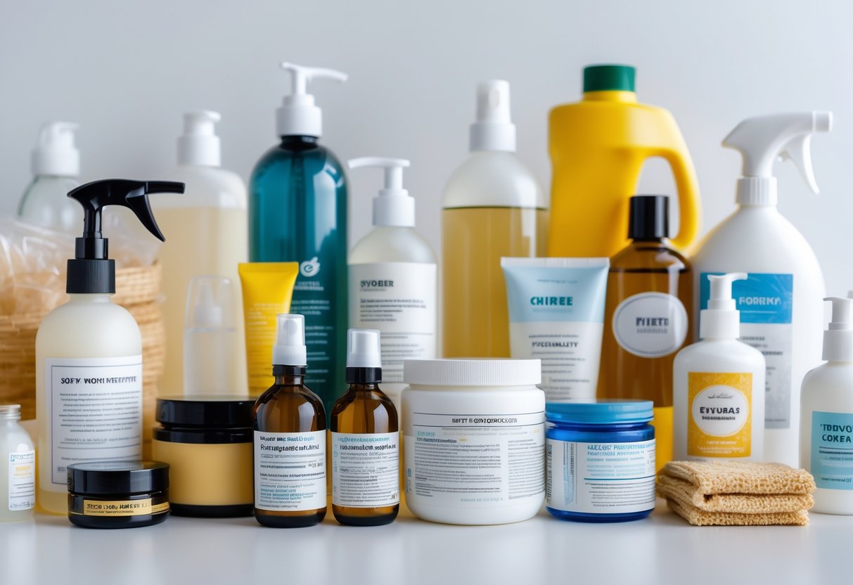 Various household and personal care products arranged on a white surface, highlighting items that may contain soy allergens.