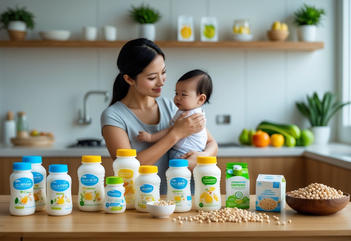 A mother holding her baby in a kitchen with infant formula containers and soy-based foods on the counter.
