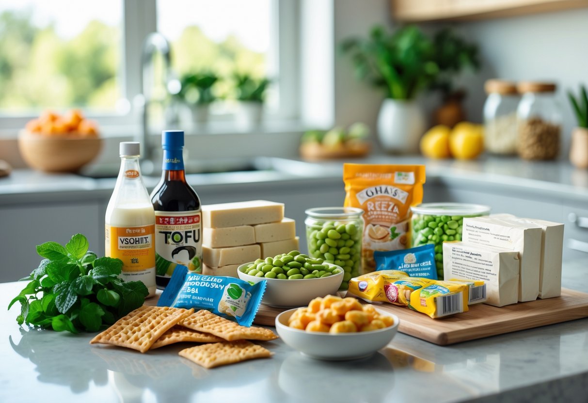 A kitchen countertop displaying various foods and ingredients commonly avoided by people with a soy allergy, including soy sauce, tofu, and edamame beans.
