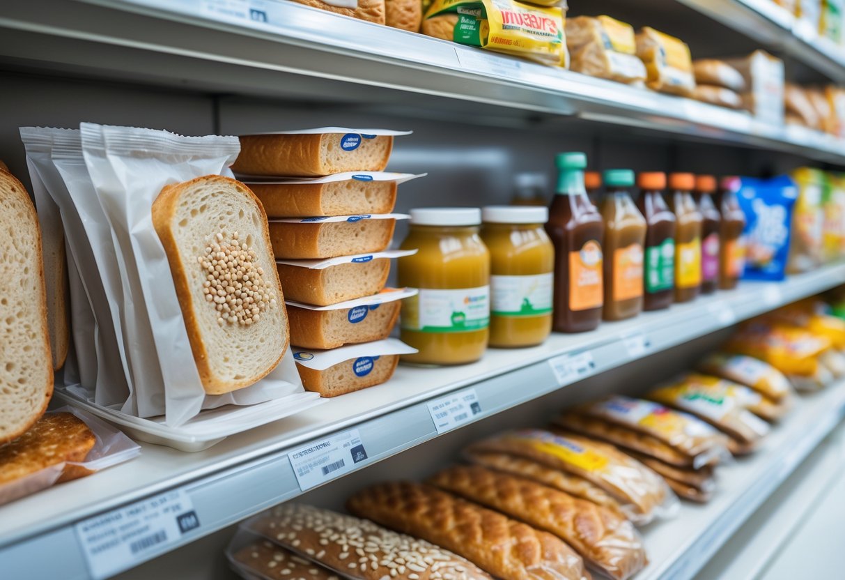 A supermarket shelf displaying various packaged foods including breads, snack bars, sauces, and spreads, some containing sesame seeds or sesame oil.