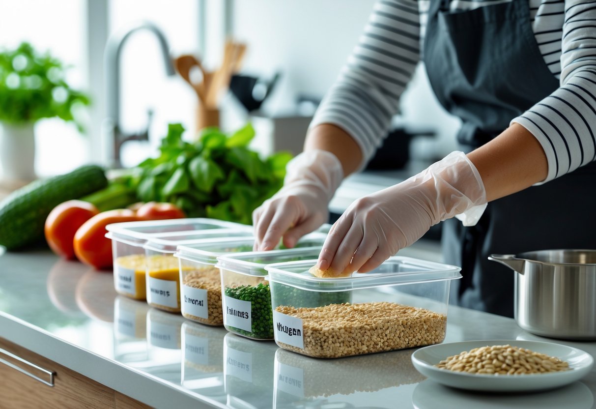 A person wearing gloves carefully handling food ingredients in a clean kitchen with separate containers to prevent cross-contamination.
