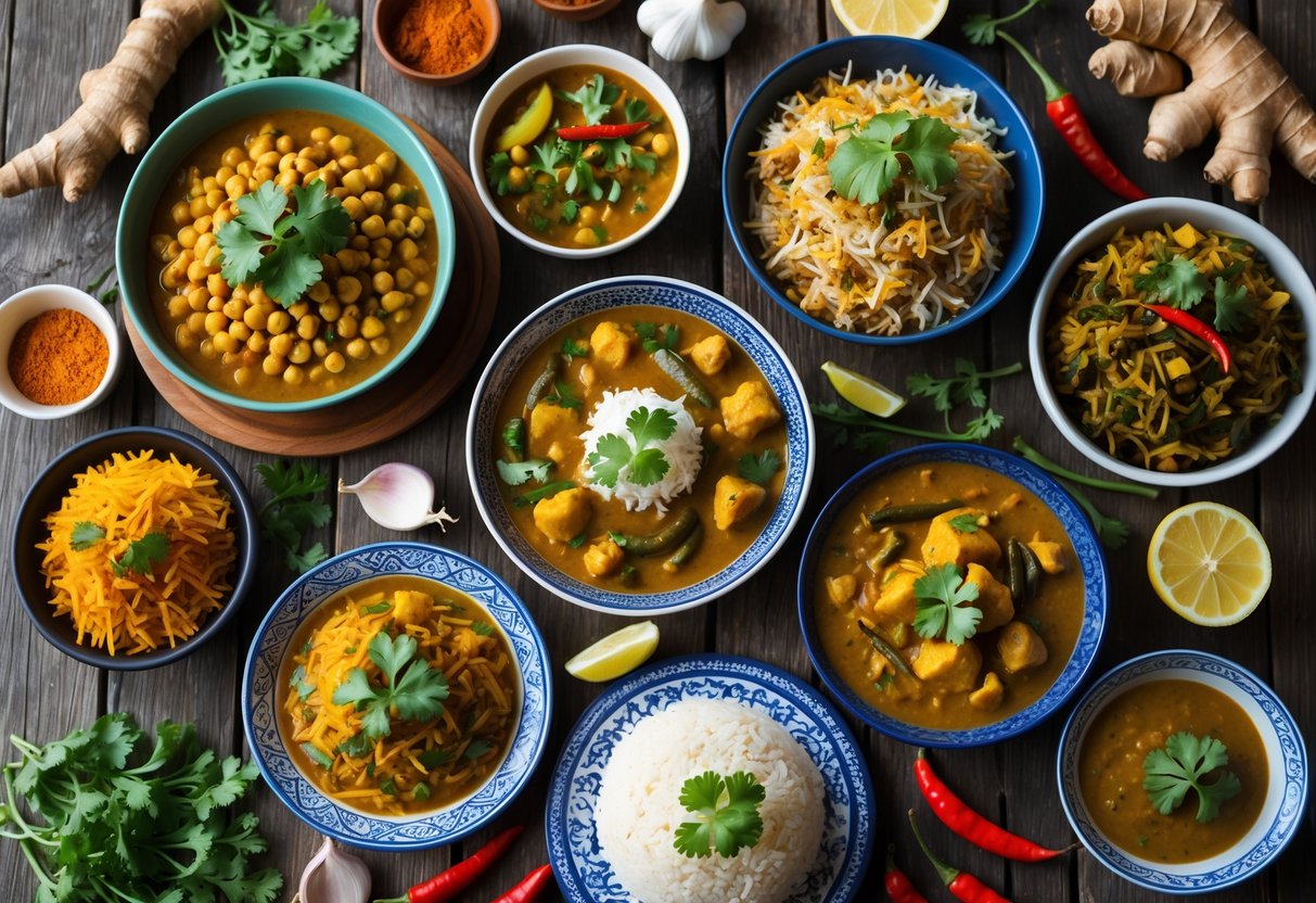 A table displaying a variety of colourful Indian dishes including chickpea curry, vegetable biryani, and lentil stew, with fresh spices and garnishes around them.