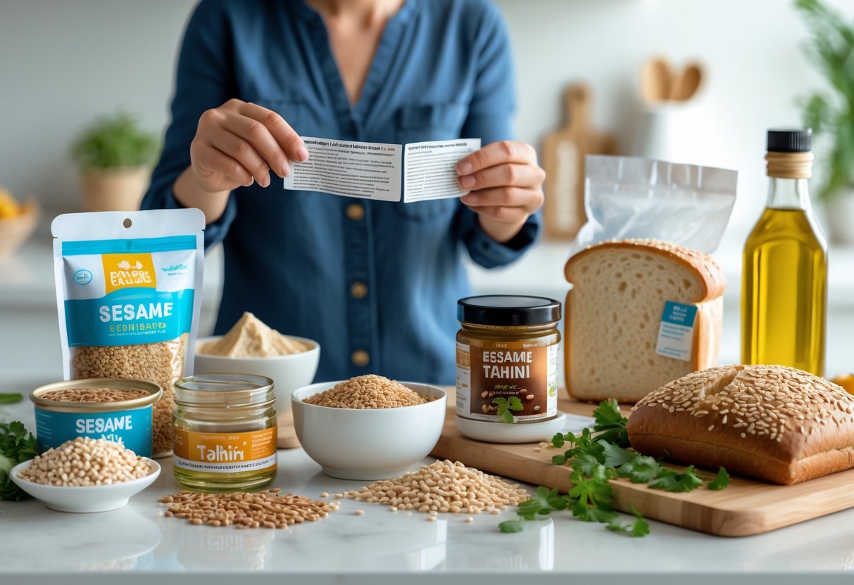 A person reading food labels on a kitchen countertop with sesame-containing foods like sesame seeds, tahini, sesame oil, and sesame seed bread.