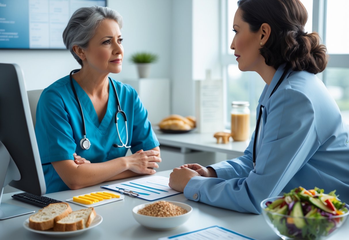 A healthcare professional consulting with a patient in a medical office, discussing food allergies with allergy test kits and common allergenic foods visible on the desk.