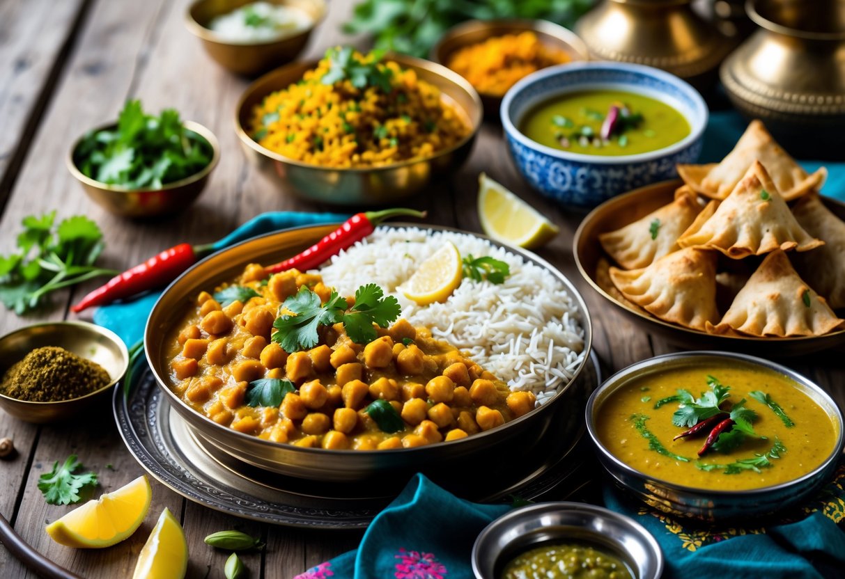 A table displaying a variety of colourful Indian dishes including chickpea curry, vegetable biryani, samosas with chutney, and tamarind dal, surrounded by fresh herbs and spices.