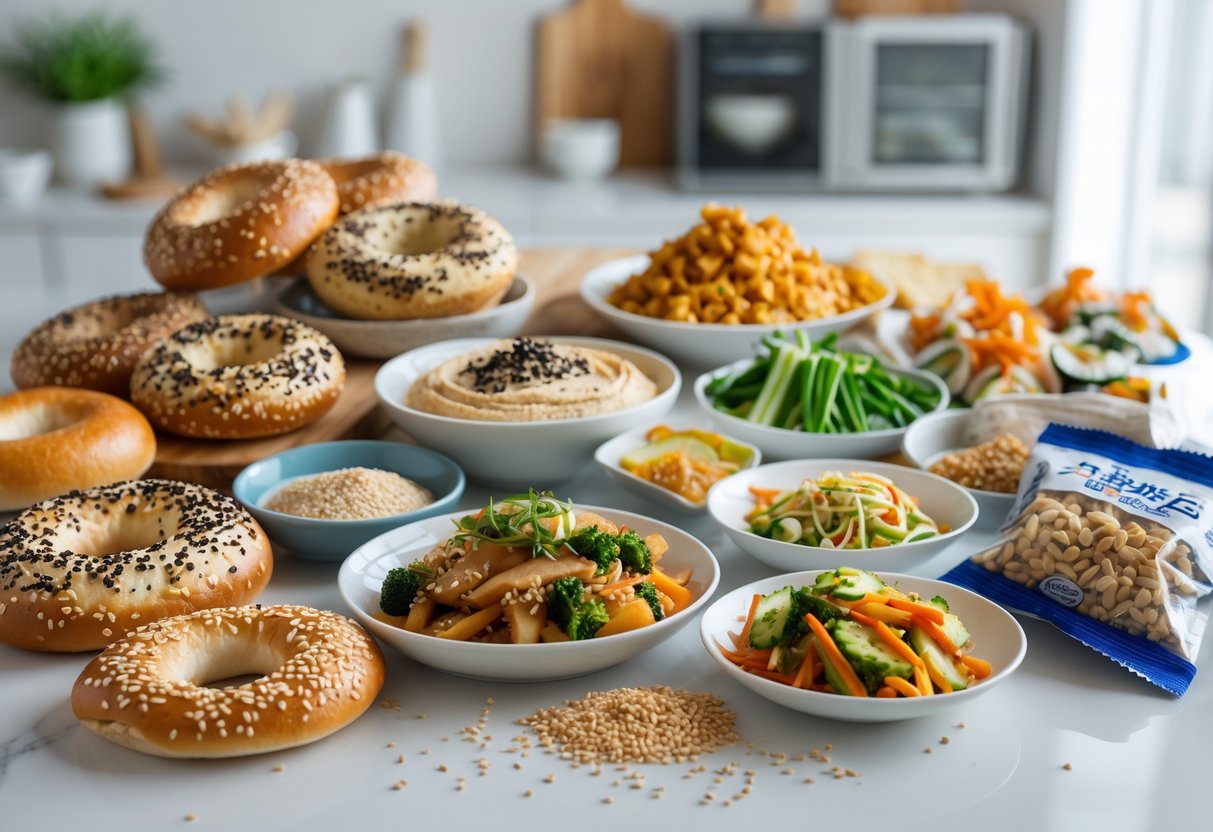 A variety of foods containing sesame seeds and sesame ingredients displayed on a kitchen countertop.