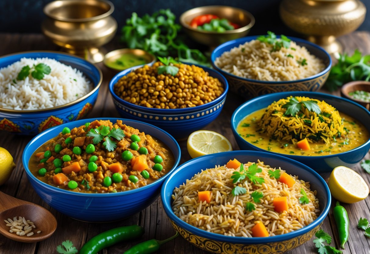 A variety of Indian rice and grain dishes served on a wooden table with fresh herbs and lemon wedges.