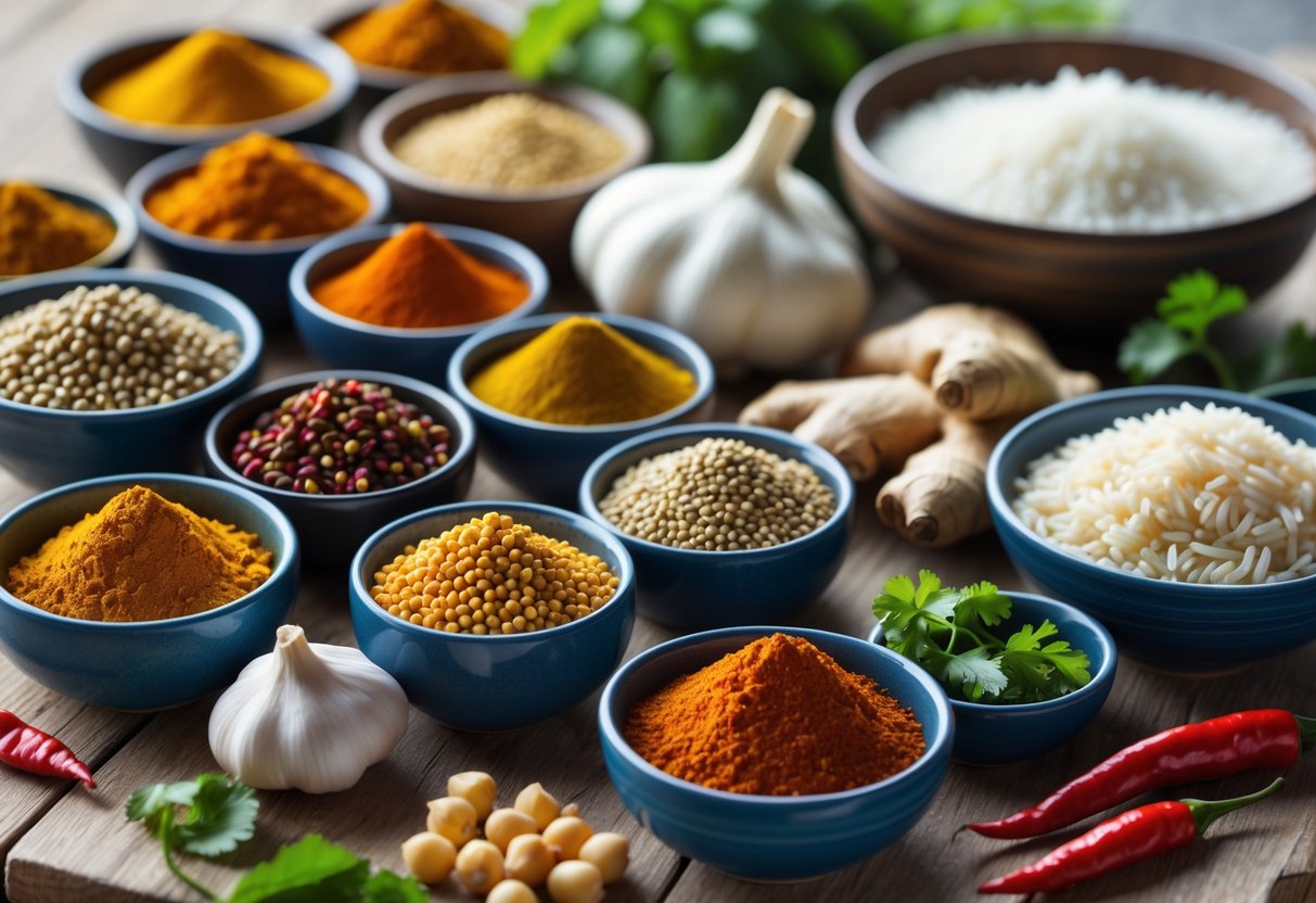 A collection of Indian spices and fresh ingredients arranged on a wooden surface, including turmeric, cumin seeds, garlic, ginger, green chillies, coriander leaves, coconut milk, chickpeas, lentils, and rice.