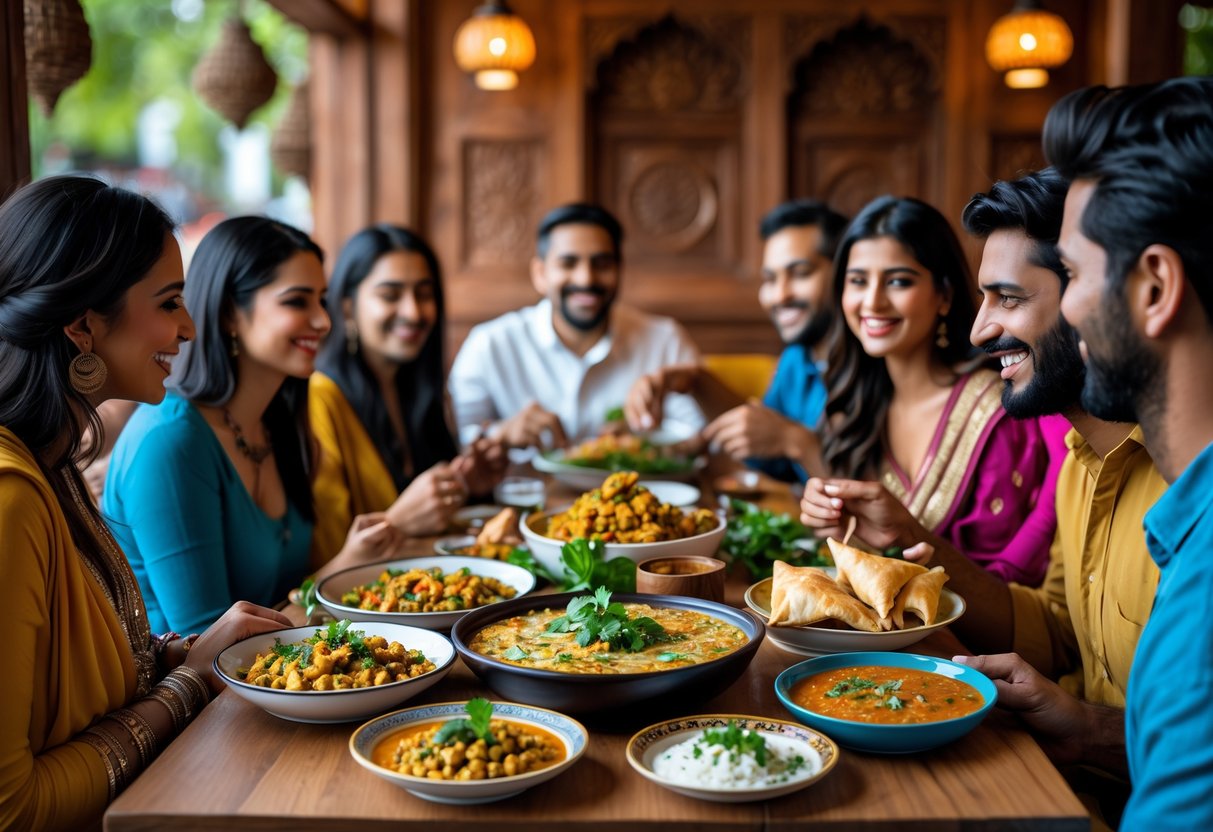 People enjoying a meal at a table with various dairy-free Indian dishes in a warmly decorated restaurant.