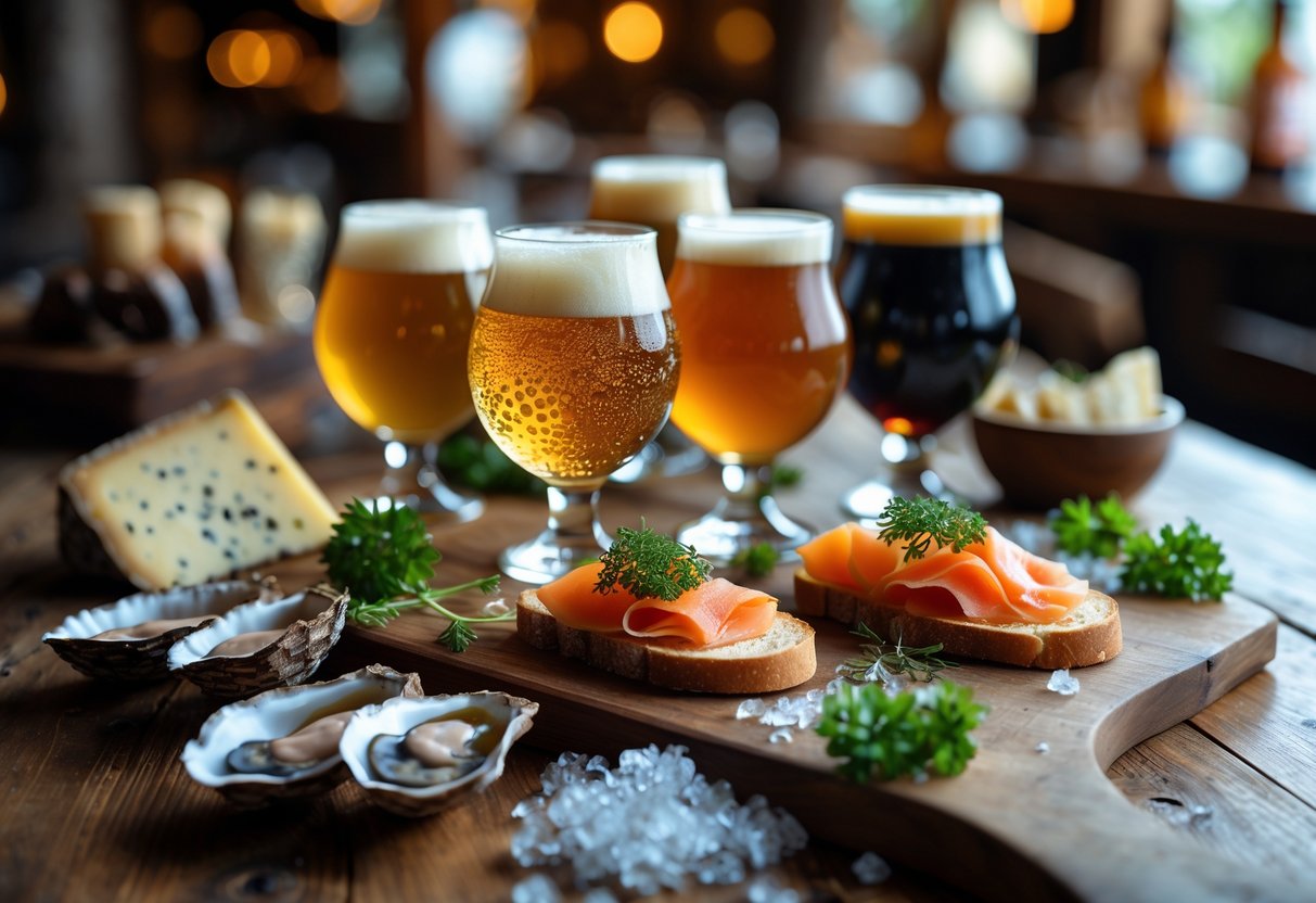A wooden table with several glasses of Irish craft beer paired with traditional Irish foods like cheese, smoked salmon, oysters, and brown bread.
