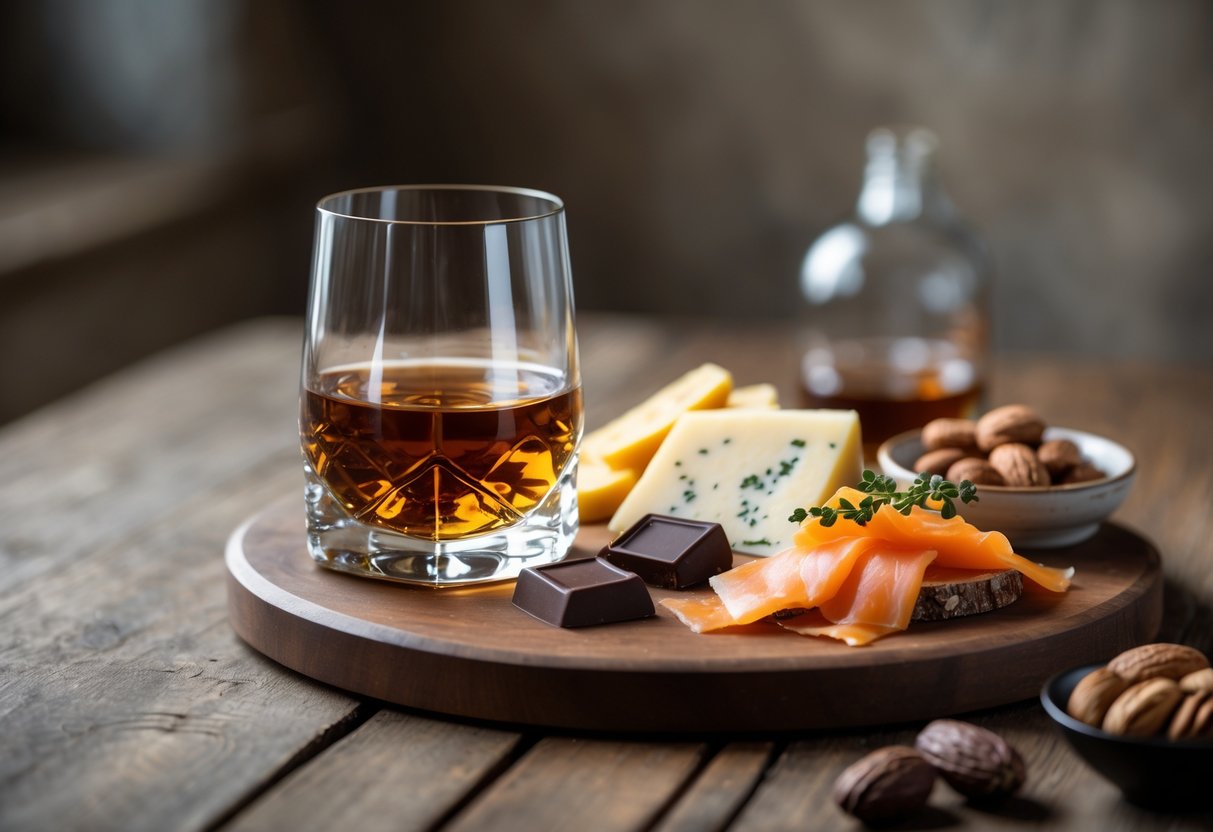 A glass of Irish whiskey on a wooden table surrounded by cheese, smoked salmon on bread, dark chocolate, and nuts.