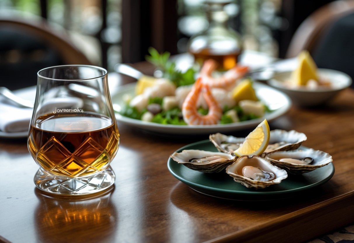 A glass of Irish whiskey next to a plate of seafood and light starters on a wooden table.