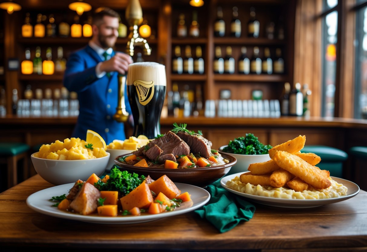 A wooden table in an Irish pub with traditional dishes including Irish stew, fish and chips, and mashed potatoes, with a bartender pouring a pint of beer in the background.