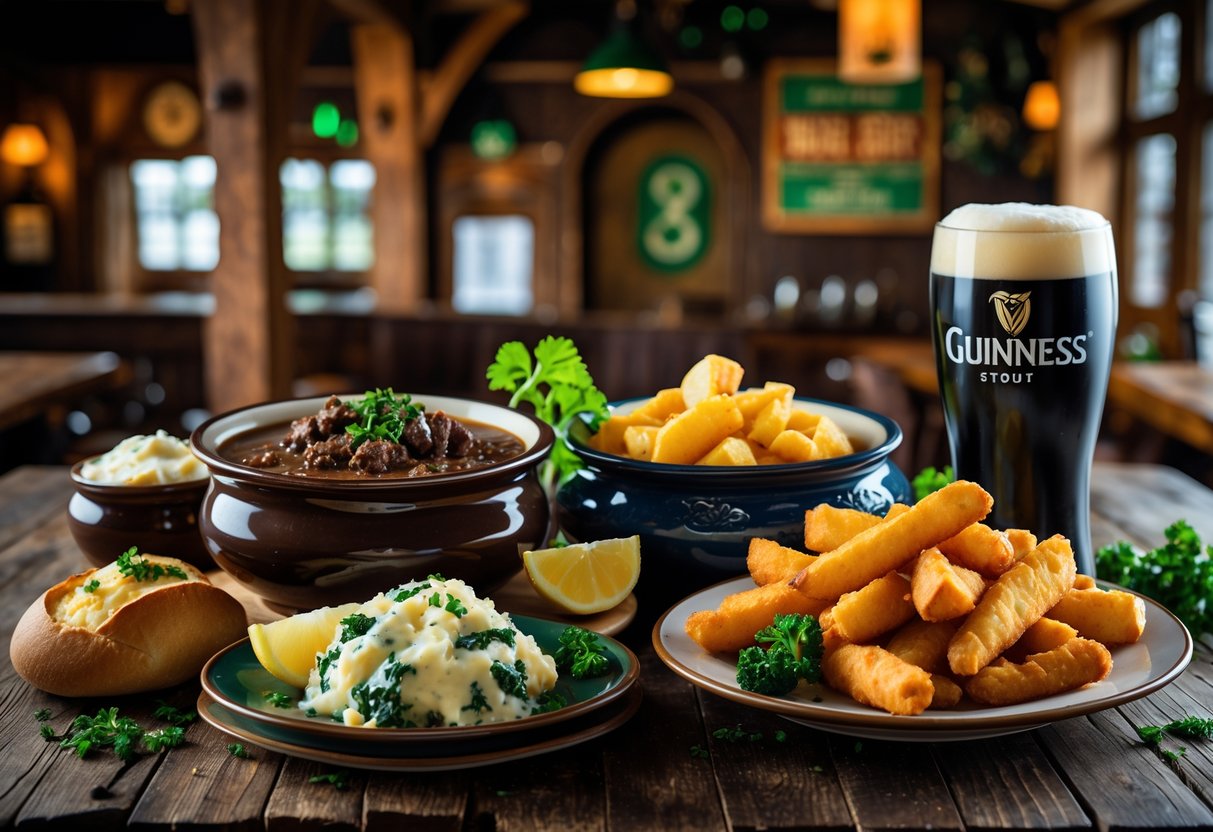 A wooden table with traditional Irish pub dishes including beef and Guinness stew, fish and chips, colcannon, and a pint of Guinness in a cozy pub setting.