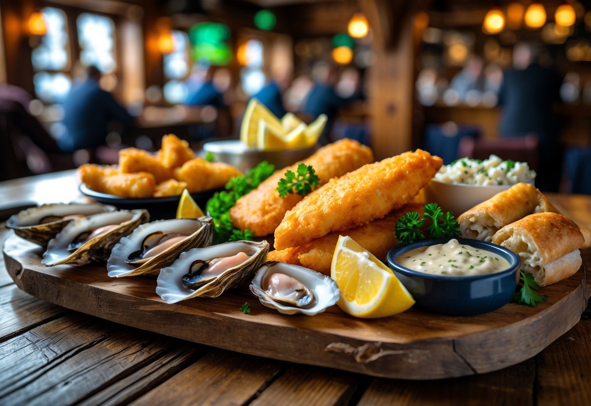 A seafood platter on a wooden table in an Irish pub, featuring oysters, battered fish, mussels, lemon wedges, and soda bread.