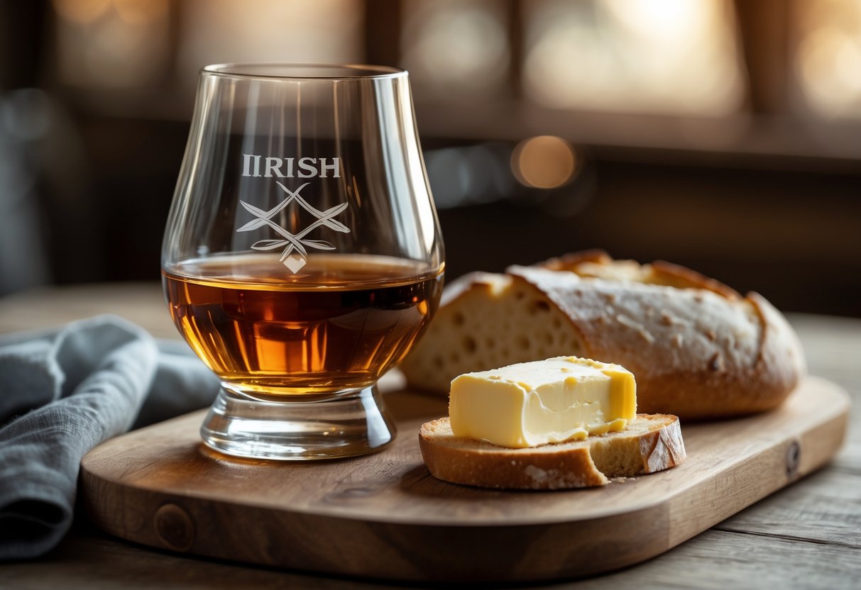 A glass of Irish whiskey next to a wooden board with bread and butter on a table.