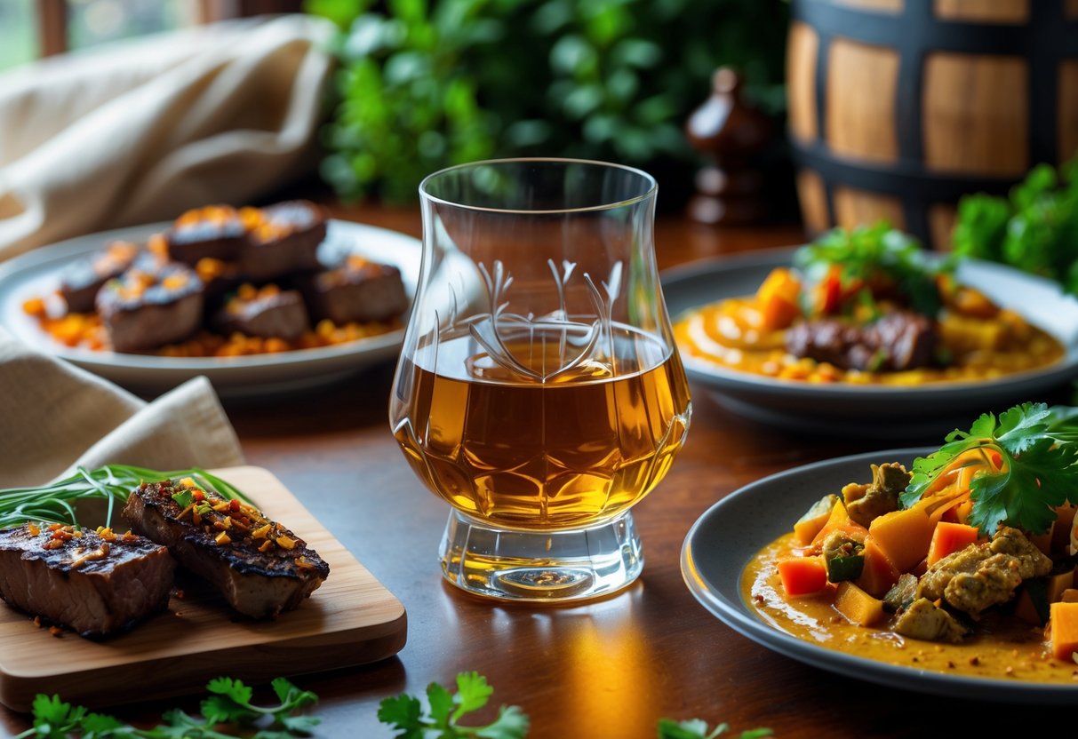 A glass of Irish whiskey on a wooden table surrounded by various exotic and spiced dishes with herbs and spices.