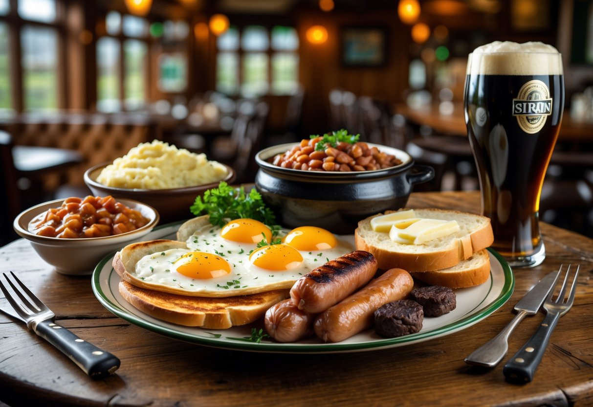 A table set with a full Irish breakfast, Irish stew, colcannon potatoes, soda bread, and a pint of dark beer in a cosy pub setting.