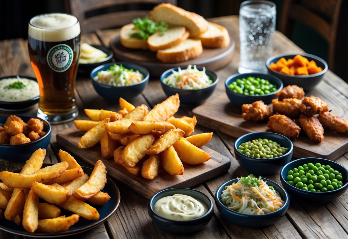 A table with a variety of traditional Irish pub starters and snacks, including potato wedges, battered fish, soda bread, coleslaw, mushy peas, and chicken wings, with drinks in the background.