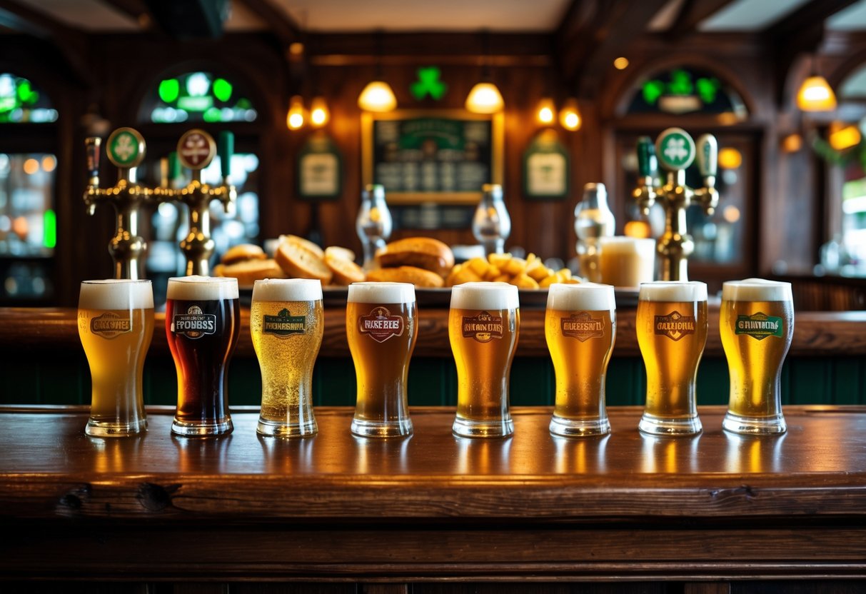 A wooden bar counter in an Irish pub with pints of beer and plates of traditional Irish food under warm lighting.