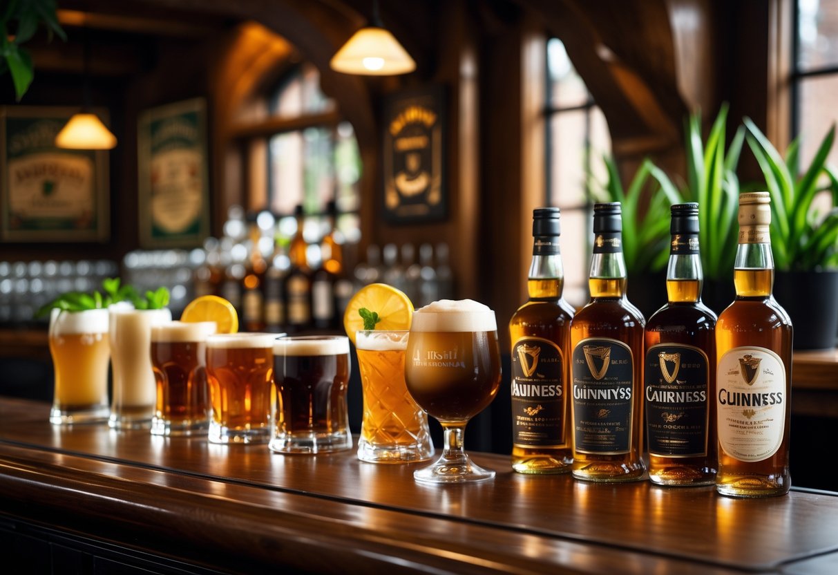 A wooden bar counter displaying various Irish cocktails and bottles of Irish whiskey in a cozy pub setting.