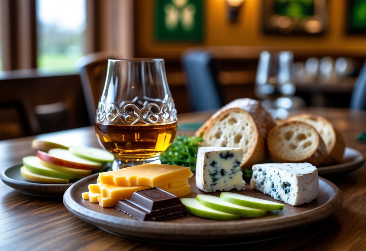 A glass of Irish whiskey on a wooden table next to a cheese platter with bread, apple slices, and dark chocolate in a warm dining setting.