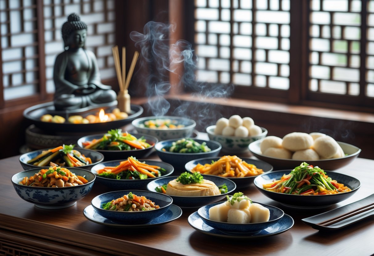 A table set with various colourful Chinese vegetarian dishes and a small Buddha statue in the background.
