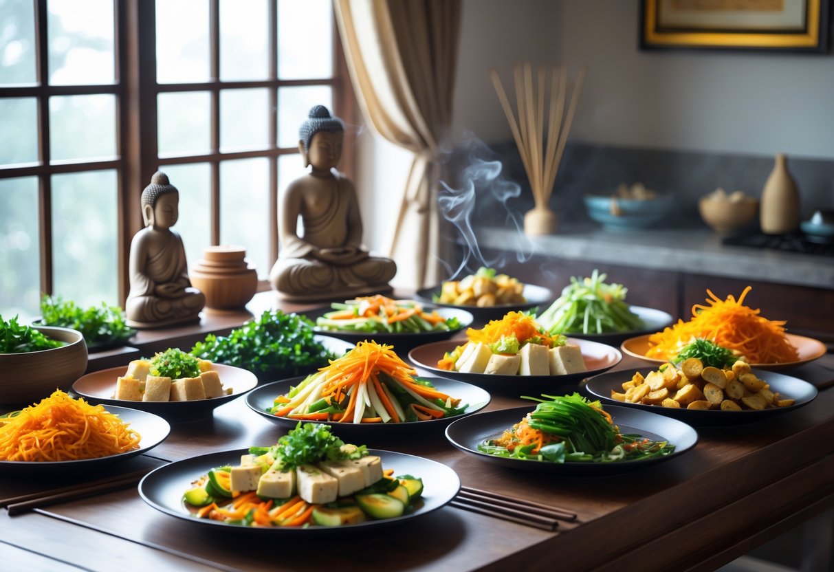 A table with colourful Chinese vegetarian dishes arranged alongside a small Buddha statue and burning incense in a calm kitchen setting.