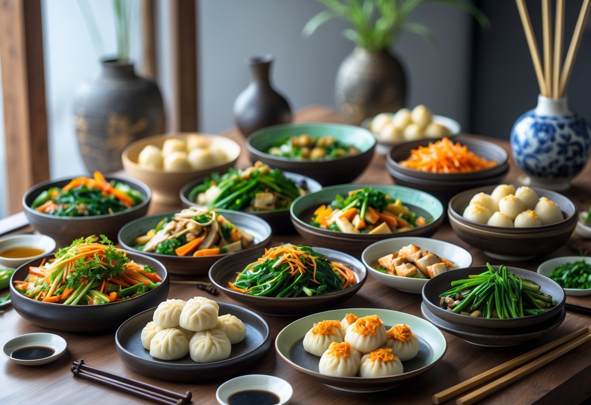 A table with a variety of colourful Chinese vegetarian dishes including vegetables, tofu, and dumplings arranged with chopsticks and traditional tableware.