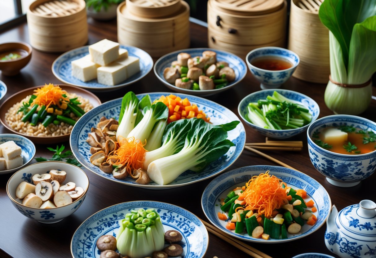 A beautifully arranged table with various Chinese vegetarian dishes featuring tofu, mushrooms, and fresh vegetables on traditional porcelain plates with chopsticks and tea cups.