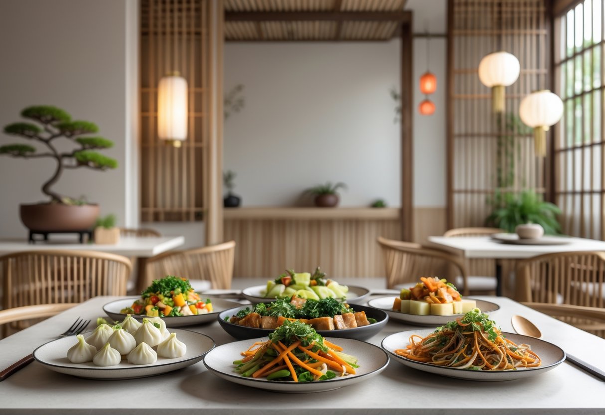A modern Chinese vegetarian restaurant table with a variety of colourful vegetarian dishes and simple wooden furniture in the background.