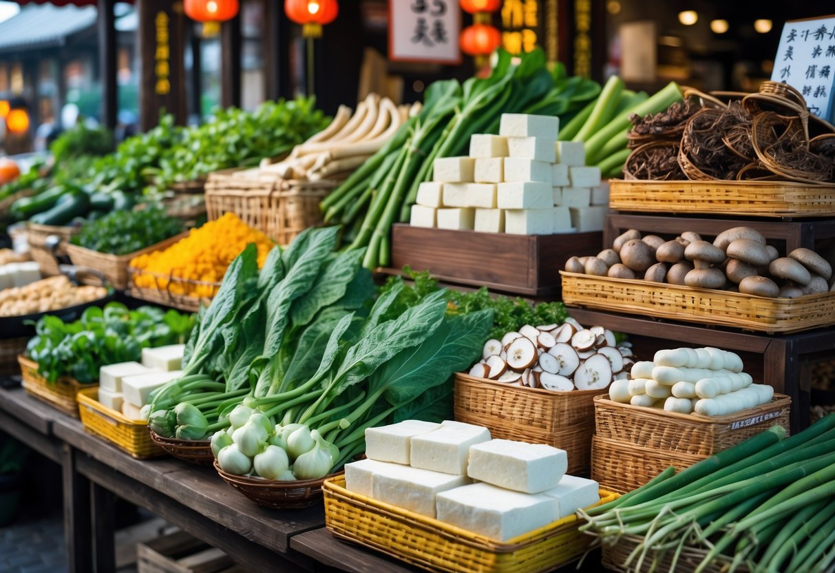 A market display of fresh Chinese vegetarian ingredients including vegetables, tofu, mushrooms, and bamboo shoots arranged on wooden stalls.