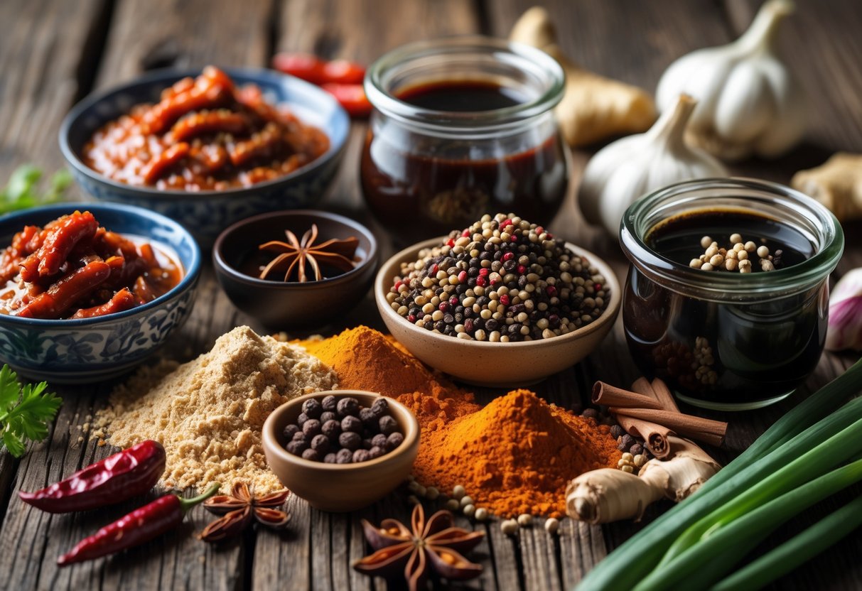 Various Chinese spices and sauces including five-spice powder, doubanjiang, and oyster sauce arranged on a wooden surface with fresh ingredients nearby.