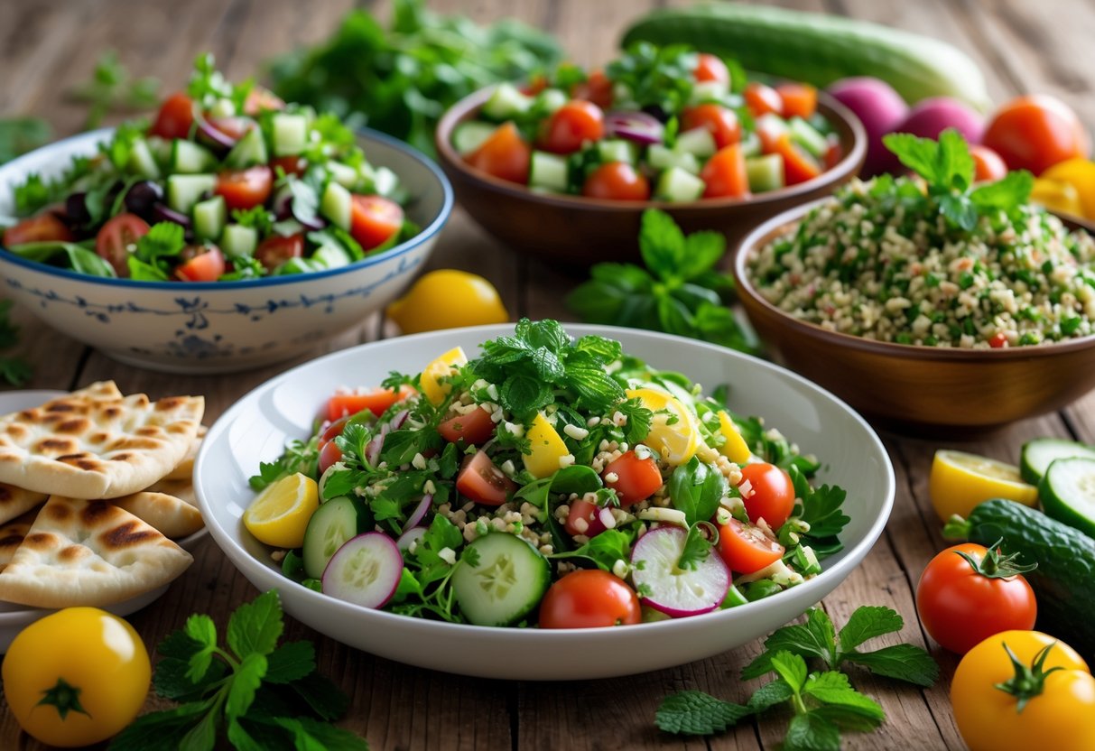 A table with bowls of fattoush and tabbouleh salads surrounded by fresh vegetables and herbs.
