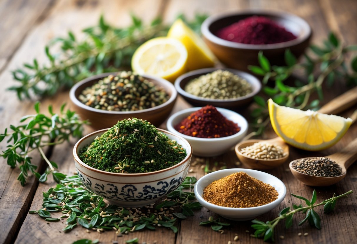A wooden table with small bowls of za'atar, sumac, and other Levantine spices, surrounded by fresh herbs and lemon wedges.