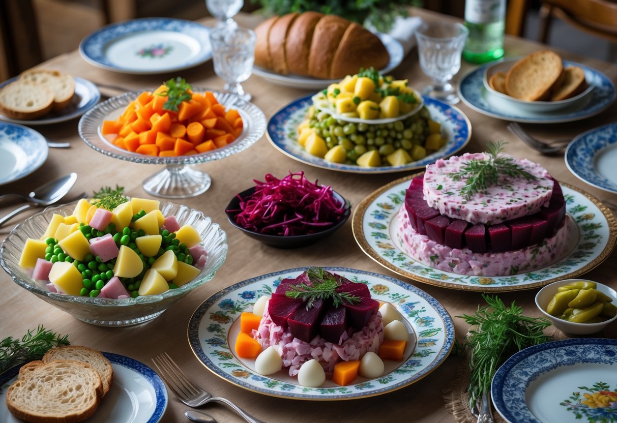 A table set for a celebration with four traditional Russian salads and festive dishes arranged on plates and bowls.