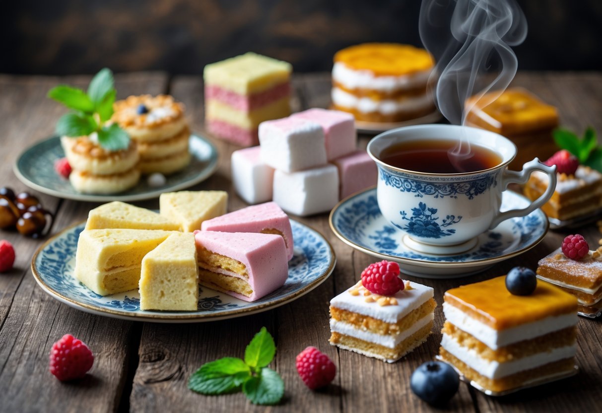 A selection of traditional Russian sweets including pastila, zefir, honey cakes, and layered pastries arranged on a wooden table with a cup of tea.