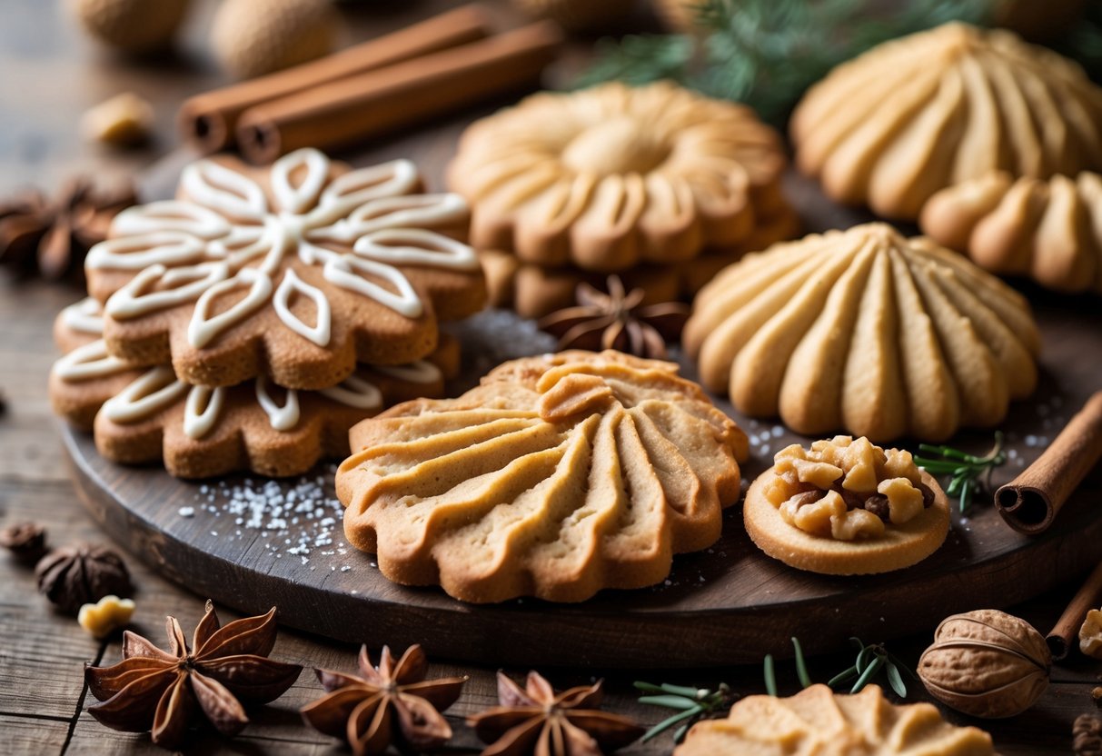 A selection of traditional Russian spiced cookies including decorated pryanik and shell-shaped oreshki filled with walnut cream, arranged on a wooden table with cinnamon sticks and walnuts.