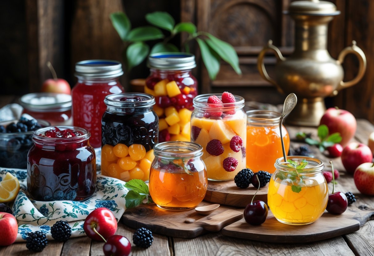A table with jars of Russian fruit jams, varenye, and compotes surrounded by fresh fruits and traditional kitchen items.