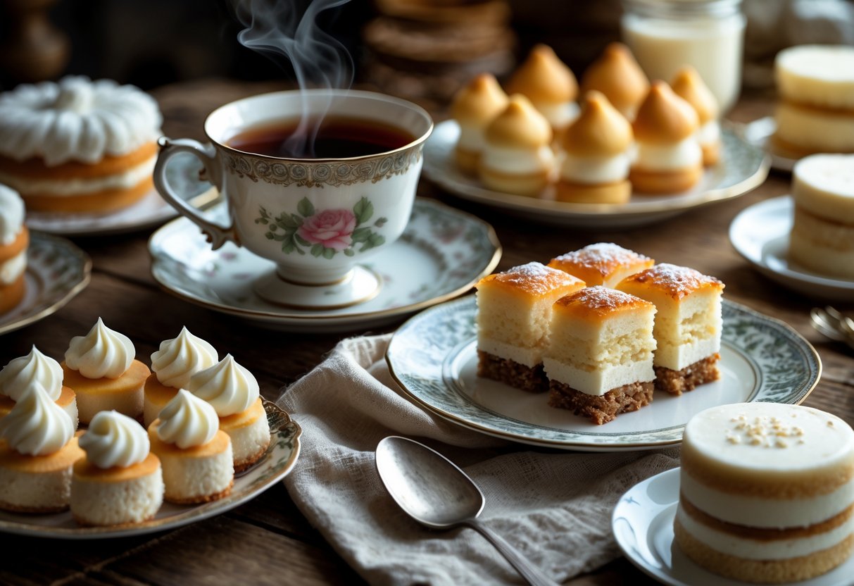 A table with a cup of black tea, a jar of condensed milk, and various traditional Russian pastries and cakes arranged on plates.