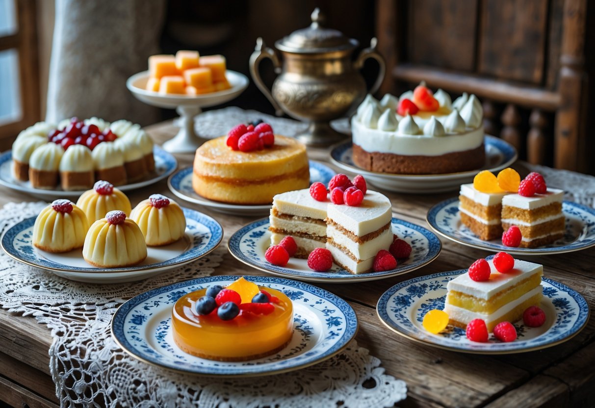 A table with an assortment of traditional Russian desserts including pastries, layered honey cake, cottage cheese pancakes with berries, and fruit jelly candies, with a samovar and tea in the background.
