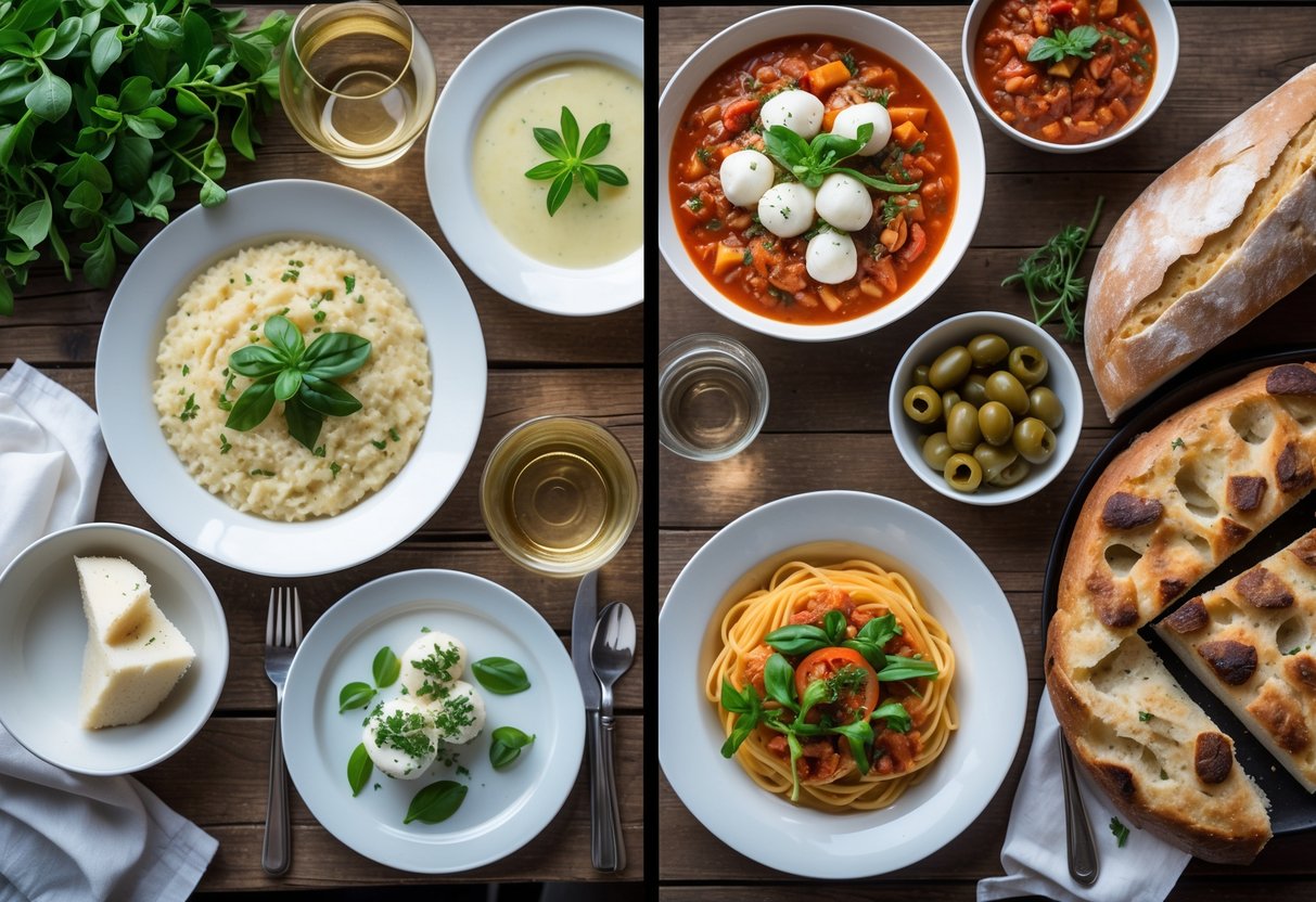 A table divided into two sections showing Northern Italian dishes like risotto and polenta on one side, and Southern Italian dishes like spaghetti with tomato sauce and mozzarella on the other.