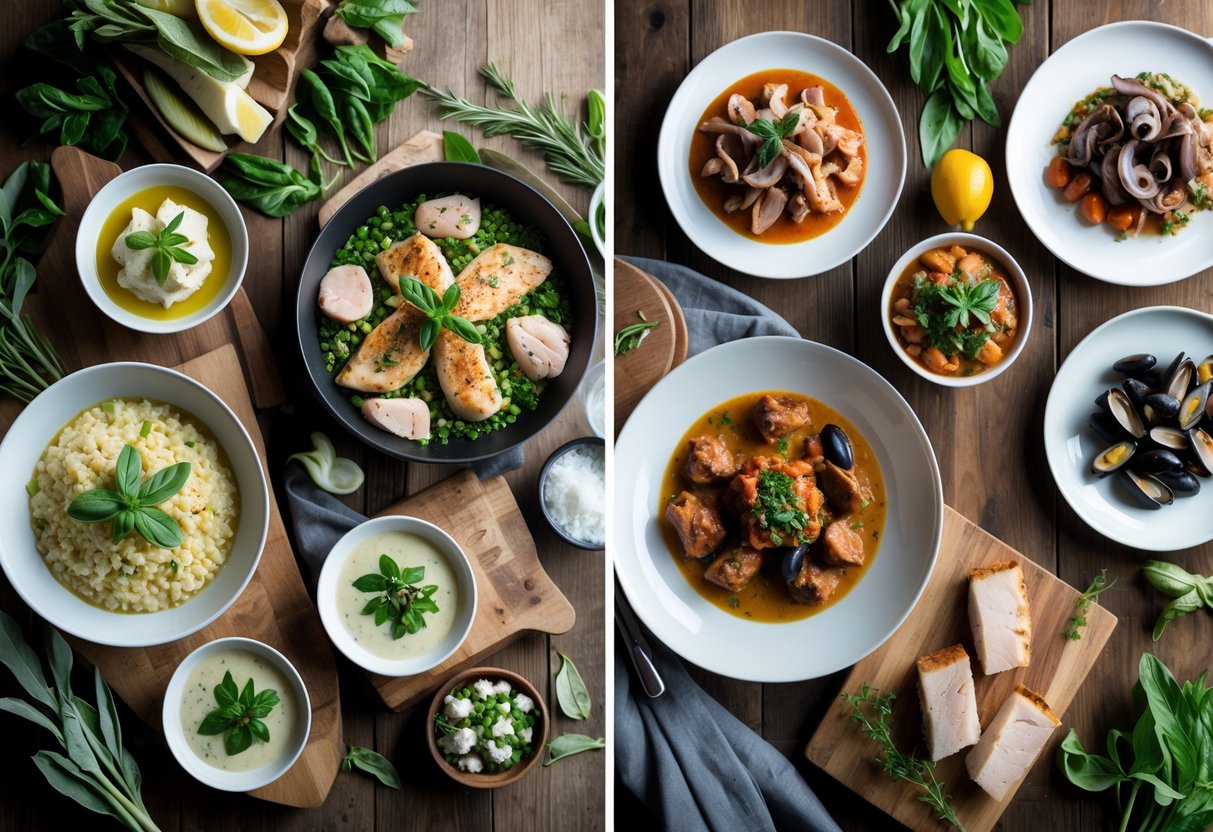 A split table showing Northern Italian dishes with chicken, veal, and white fish on one side, and Southern Italian dishes with seafood, beef, and tomato sauces on the other side.